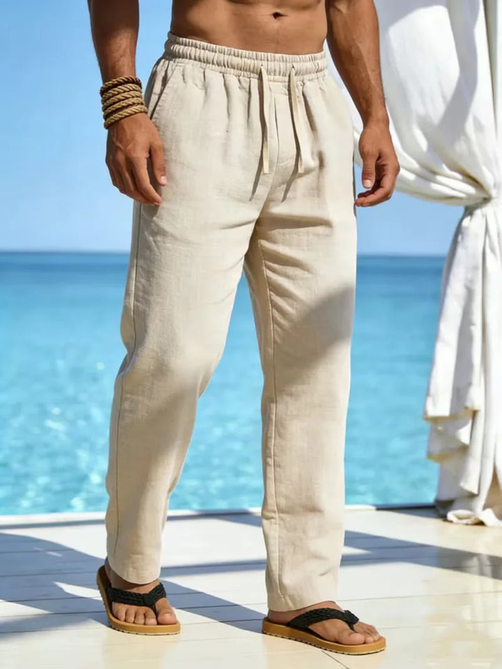 Linnen zomerbroek heren, rechte pijp, elastische tailleband. Beschikbaar in beige, marineblauw, zwart.