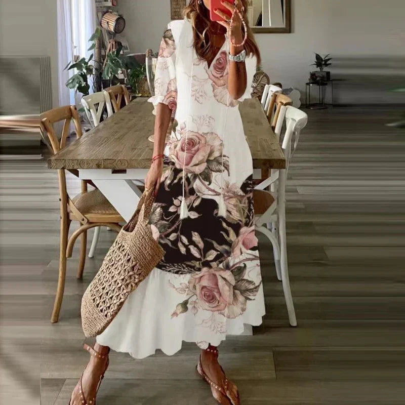 Losvallende dames boho maxi jurk met bloemenprint, perfect voor een comfortabele casual zomerlook.