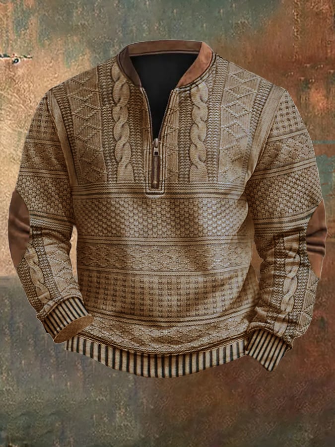 Stijlvolle heren sweater met rits, gebreid voor warmte, vintage casual mode.