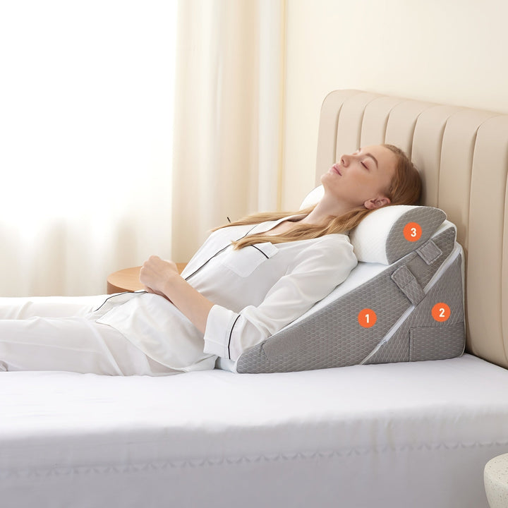 Verstelbaar RelaxPlus wigkussen, 7-in-1 comfort systeem voor rugpijn, nekpijn en reflux verlichting.