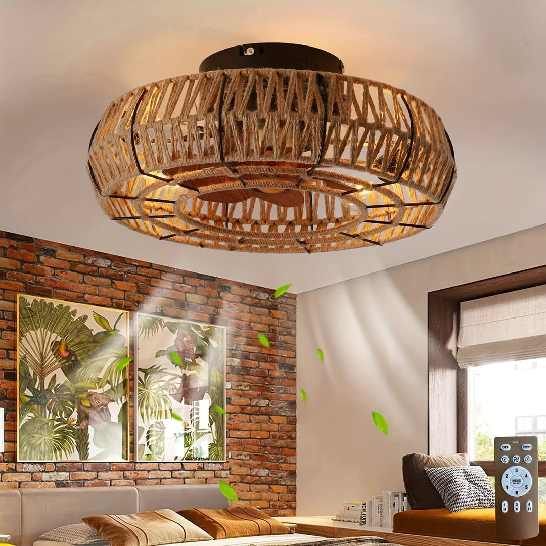 Handgeweven rotan plafondventilator in serene zen stijl, met stille werking voor woonkamer of slaapkamer.