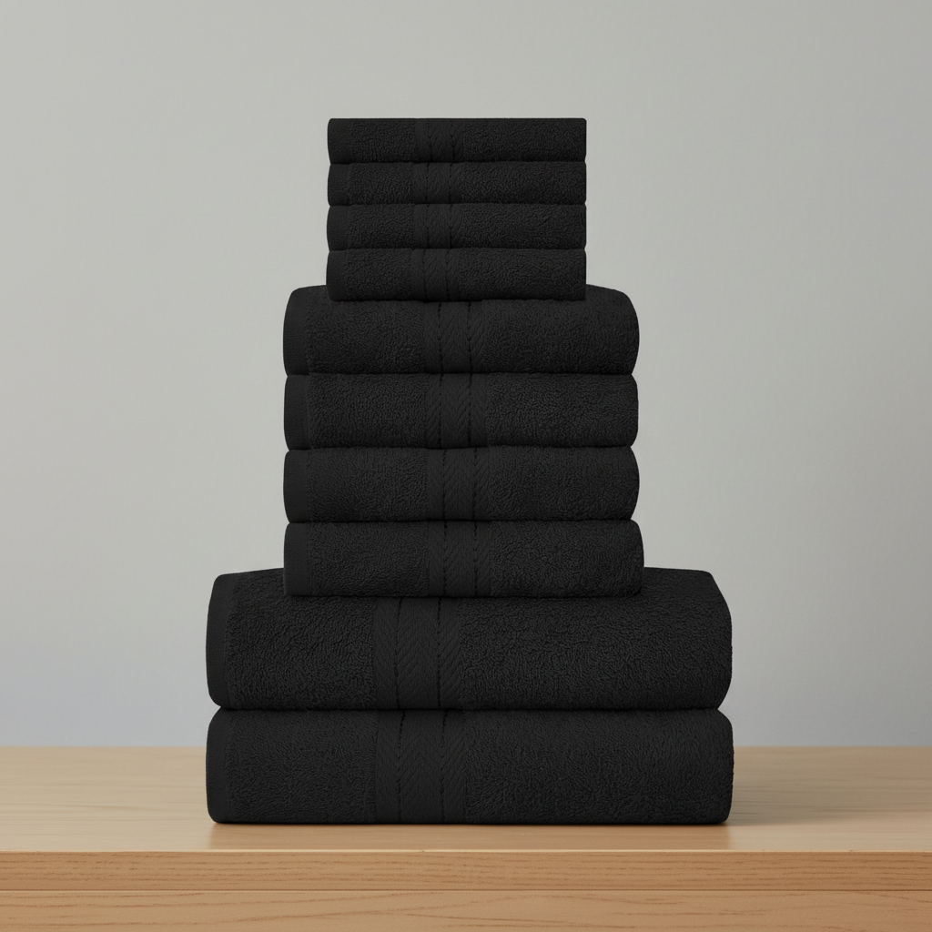 Complete 10-delige luxe handdoekenset van Egyptisch katoen; zacht, absorberend en ideaal voor badkamer.