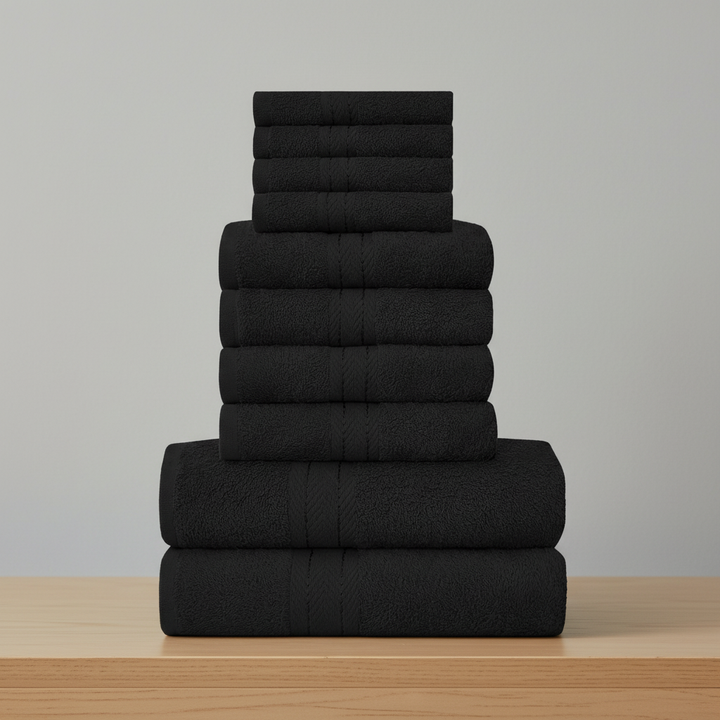 Complete 10-delige luxe handdoekenset van Egyptisch katoen; zacht, absorberend en ideaal voor badkamer.