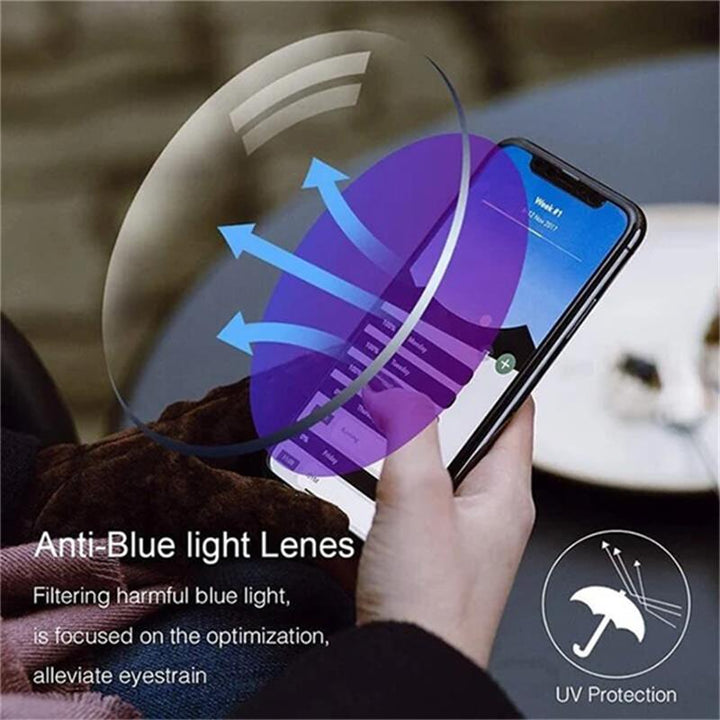 Lichtgewicht unisex multifocale bril met blauwlichtfilter. Modern design voor comfortabel en scherp zicht.