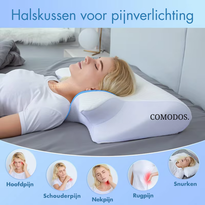 Hoogwaardig orthopedisch steunkussen met traagschuim vulling voor pijnvrij ontwaken en beter slapen.