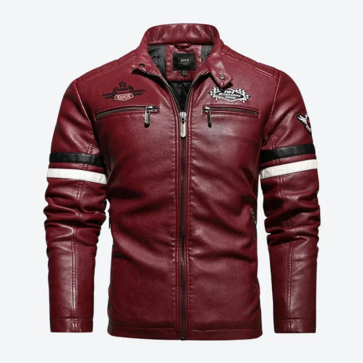 Volledige lengte weergave van heren motorjack op paspop, toont elegante snit en stijl.