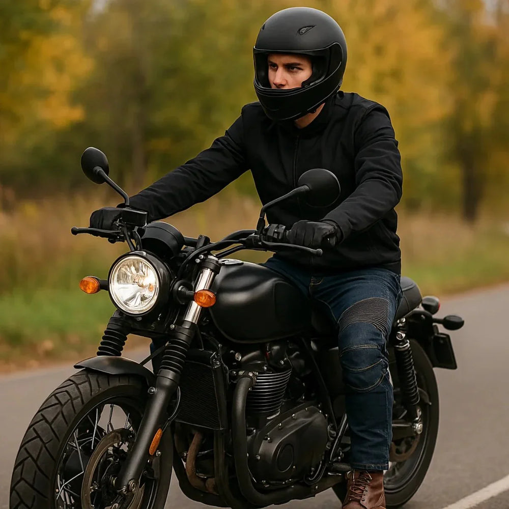 Casual IronGuard motorbroek, comfortabel denim met aramidevezel versterking voor veilige motorritten.