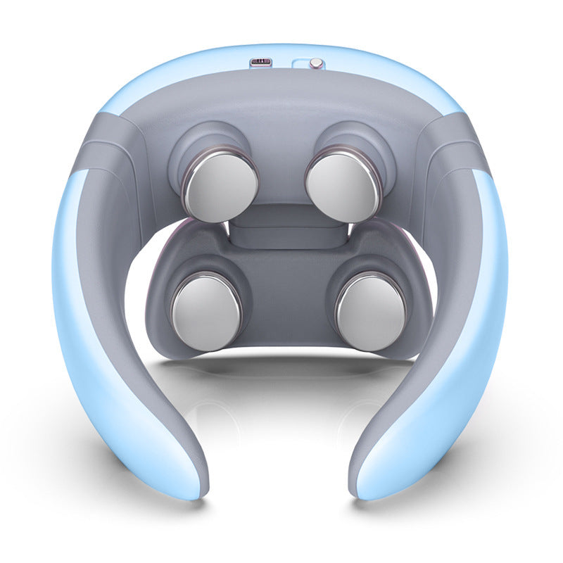 Slim blauw nekmassageapparaat met warmtetherapie & vibratie voor nekpijnverlichting en diepe ontspanning.
