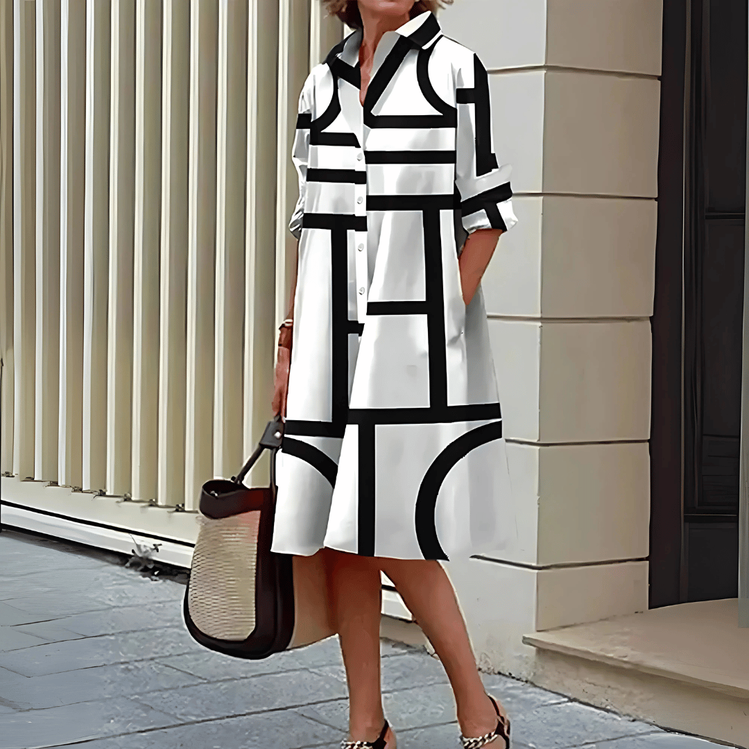 Dames overhemdjurkje met geometrische print. Moderne casual zomerjurk met knoopsluiting, ideaal voor elke gelegenheid.