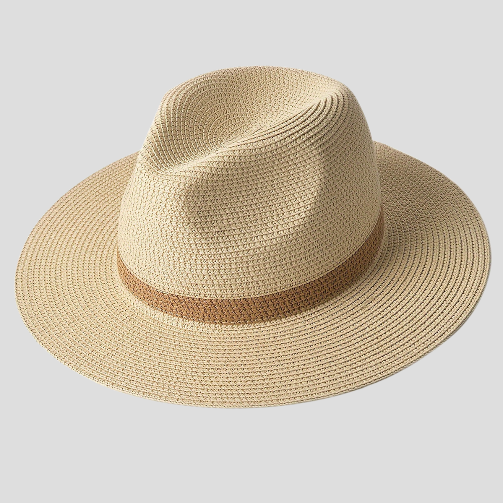 Elegante beige stro Panama hoed voor dames en heren, modieuze zomerhoed met brede rand voor stijlvolle zonbescherming.