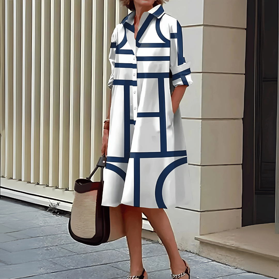 Elegante dames overhemdjurk met geometrische print. Veelzijdige moderne jurk voor zowel casual als geklede momenten.