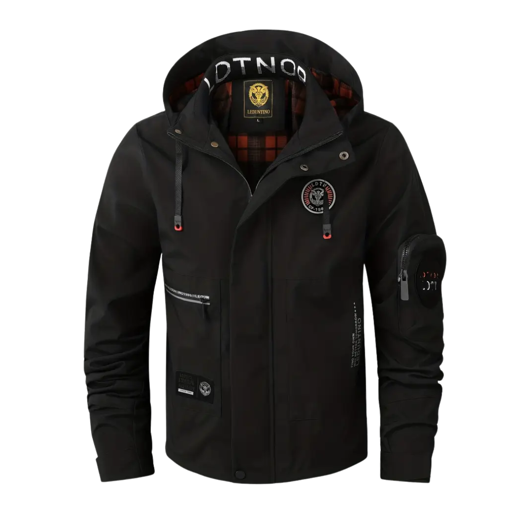 Zwarte heren waterdichte outdoorjas met capuchon, ideaal voor lente en herfst.