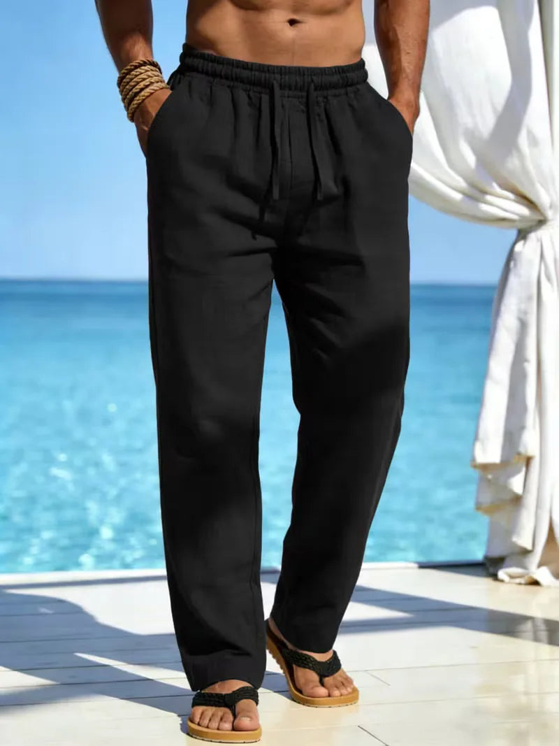 Comfortabele beige heren linnen broek met elastische taille voor casual zomerdagen.