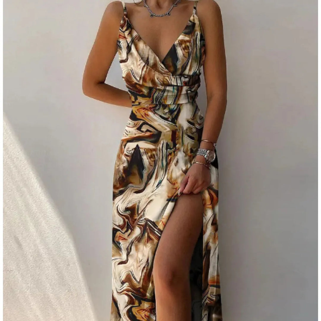 Modieuze V-hals zomerjurk, midi-lengte, split & verstelbare spaghettibandjes. Dames casual chic.