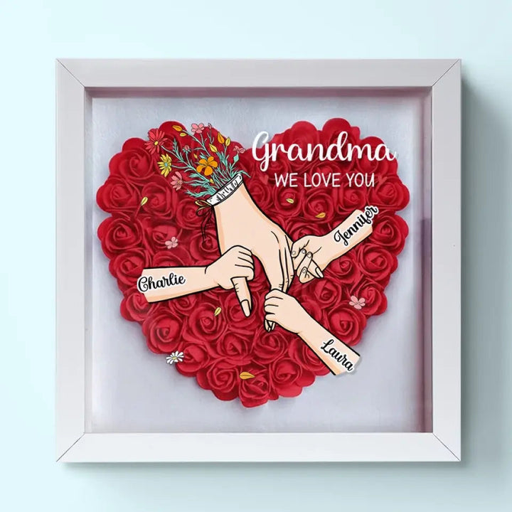 Gepersonaliseerd Moederdag cadeau: houten schaduwbox met acryl bloemen en namen voor mama.