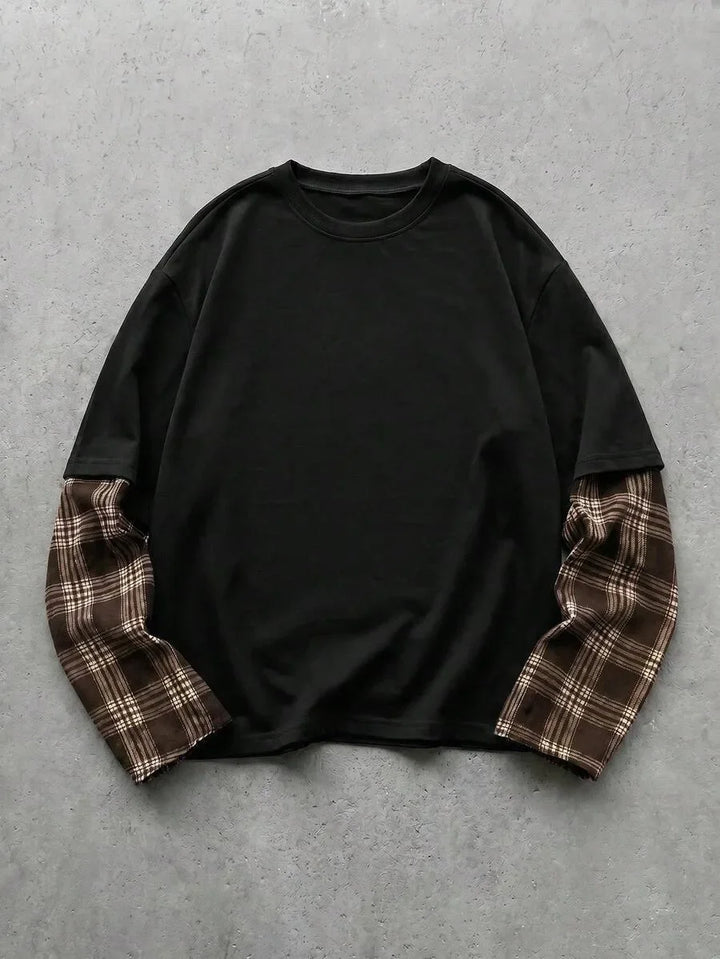 Casual heren t-shirt, lange mouw, met plaid patchwork. Regular fit, comfortabel.