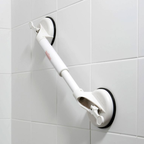 Badkamer handgreep met zuignappen voor veilige ondersteuning in douche of bij toilet. Wit kunststof, 53cm.