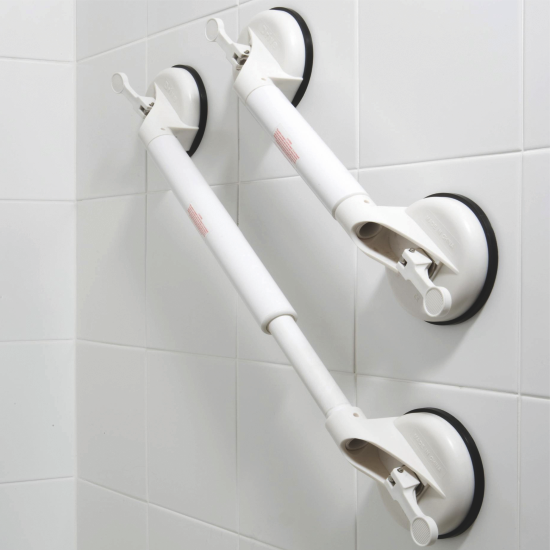 Witte badkamer handgreep met zuignappen. Ideaal voor extra grip en valpreventie in douche, bad of bij toilet, 53cm.