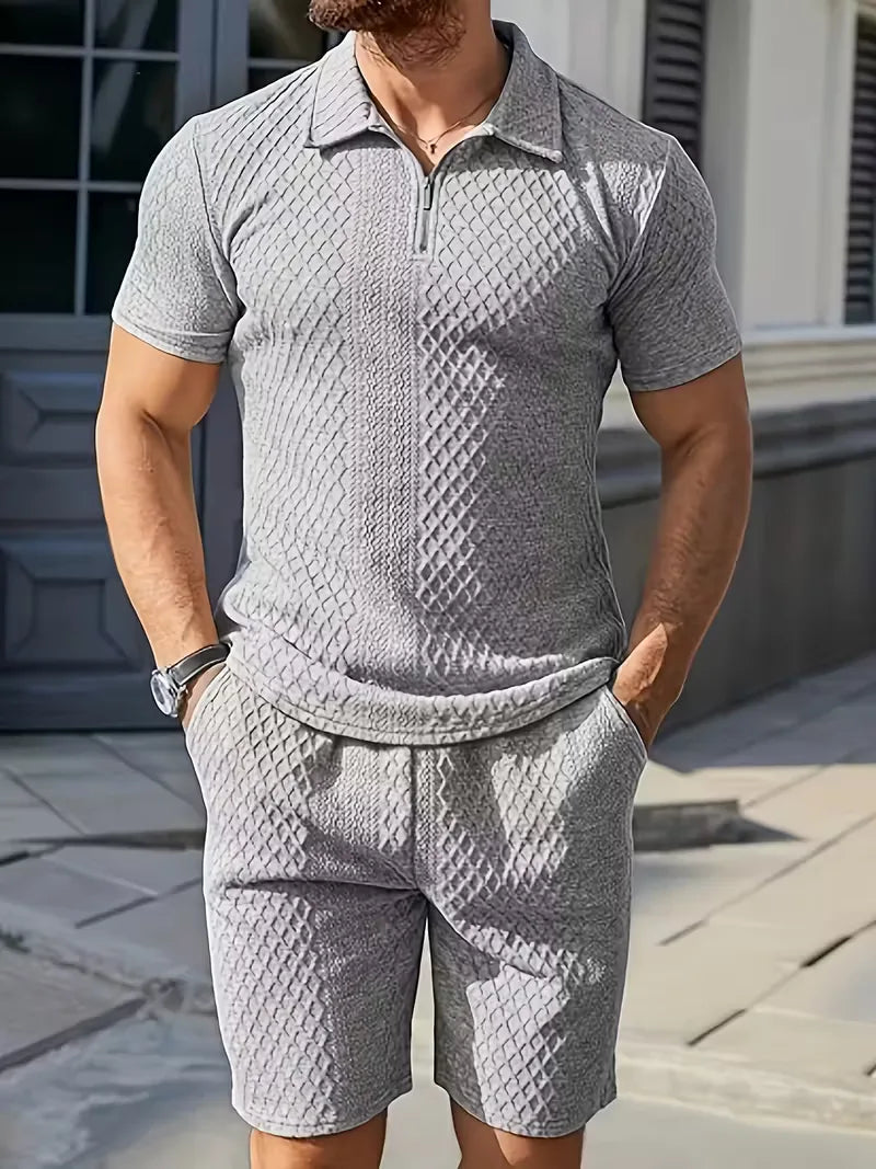 Heren zomer poloshorts set met uniek diamantpatroon. Casual kleding voor modebewuste mannen.