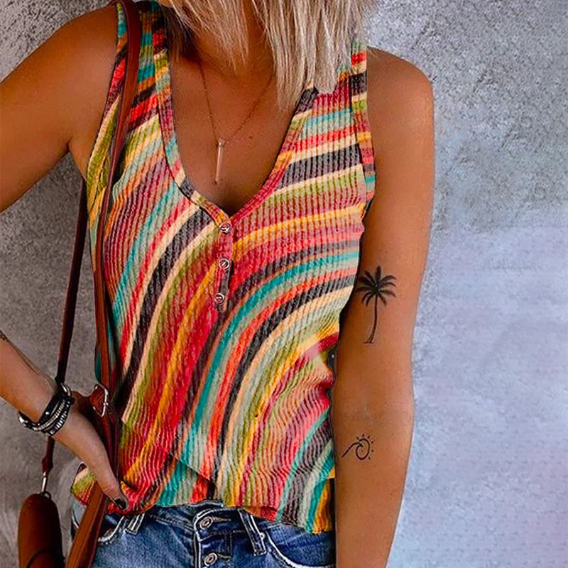 Trendy dames regenboog gestreepte tanktop, comfortabel en veelkleurig, perfect voor zomerse dagen en casual outfits.