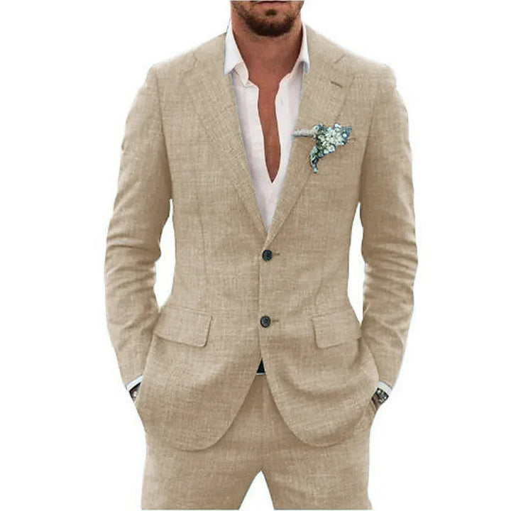 Stijlvol heren linnen pak, slimfit pasvorm, ideaal voor zomerse bruiloften. Comfortabel en elegant.