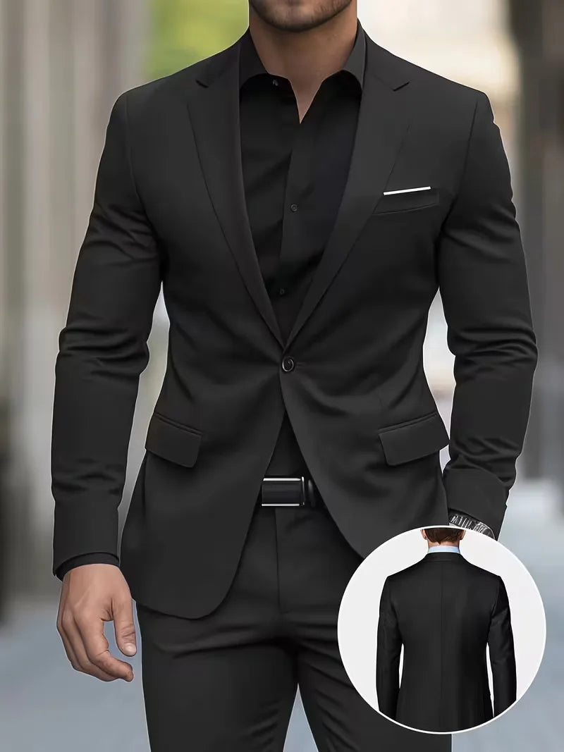 Zwart slim fit herenpak, ideaal voor formele en zakelijke gelegenheden. Nette kleding voor herenmode.