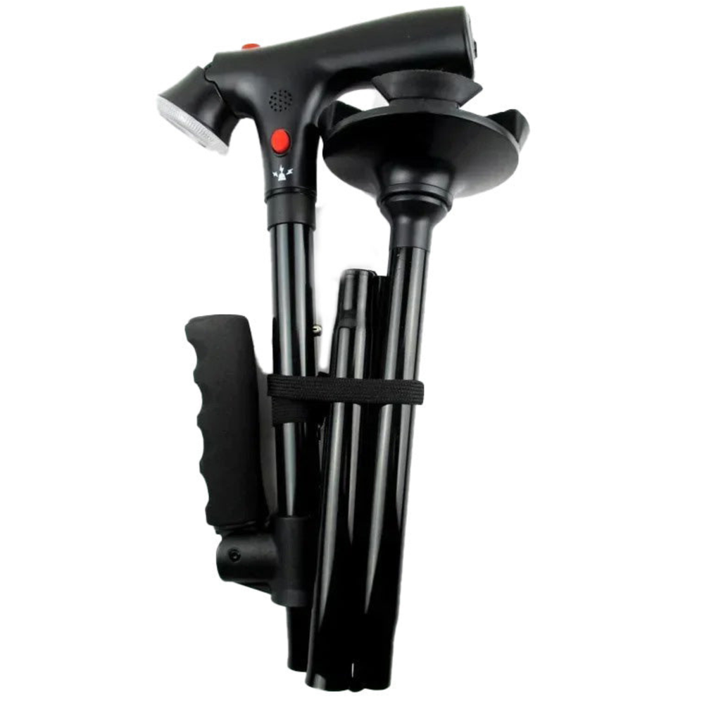Veilige opvouwbare wandelstok voor ouderen, biedt stabiliteit en mobiliteit, met heldere LED lamp en alarmfunctie.