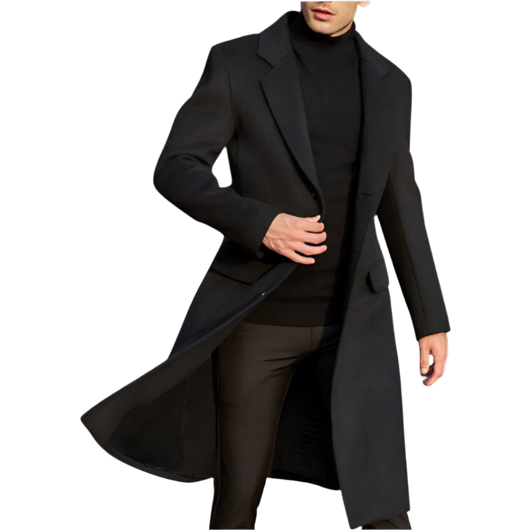 Klassieke lange zwarte heren manteljas, elegant voor zakelijke of formele wintermode. Tijdloze herenjas.