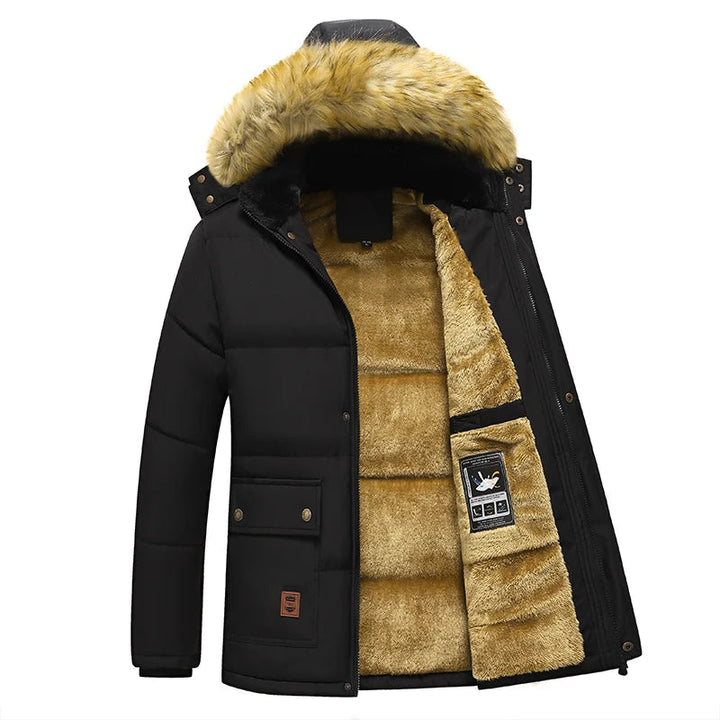 Zwarte heren winterjas parka met capuchon. Casual en warme winterkleding voor dagelijks gebruik.