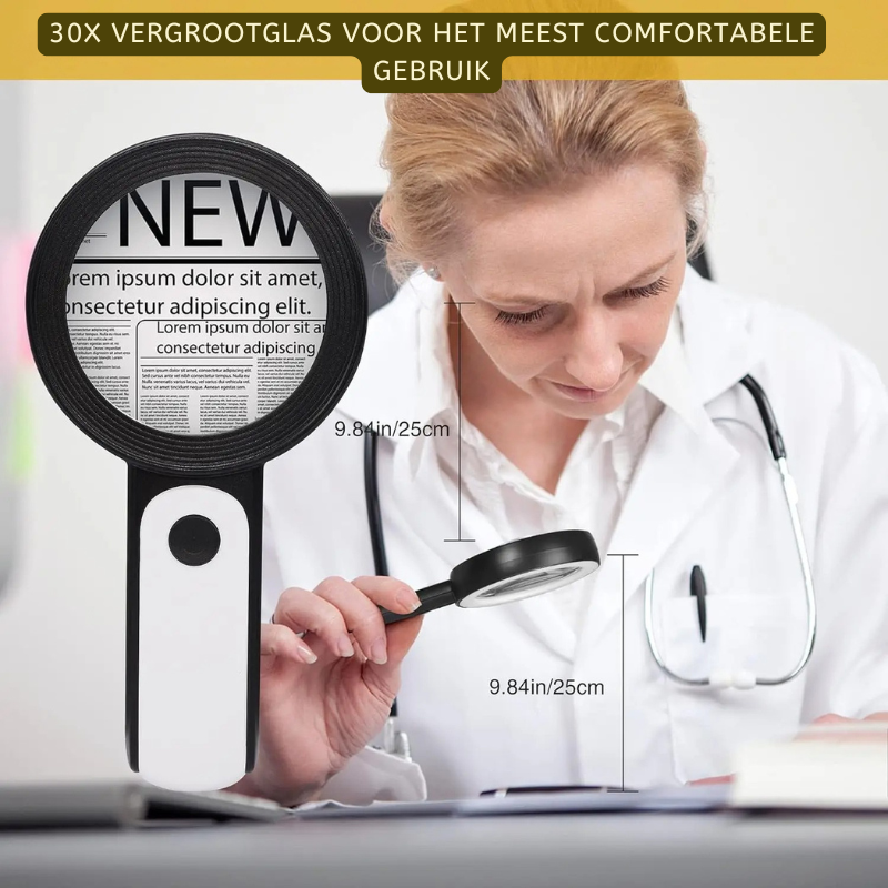 Lichtgewicht vergrootglas met 30x vergroting en LED licht. Ideaal voor hobby, details en draagbare inspectie.