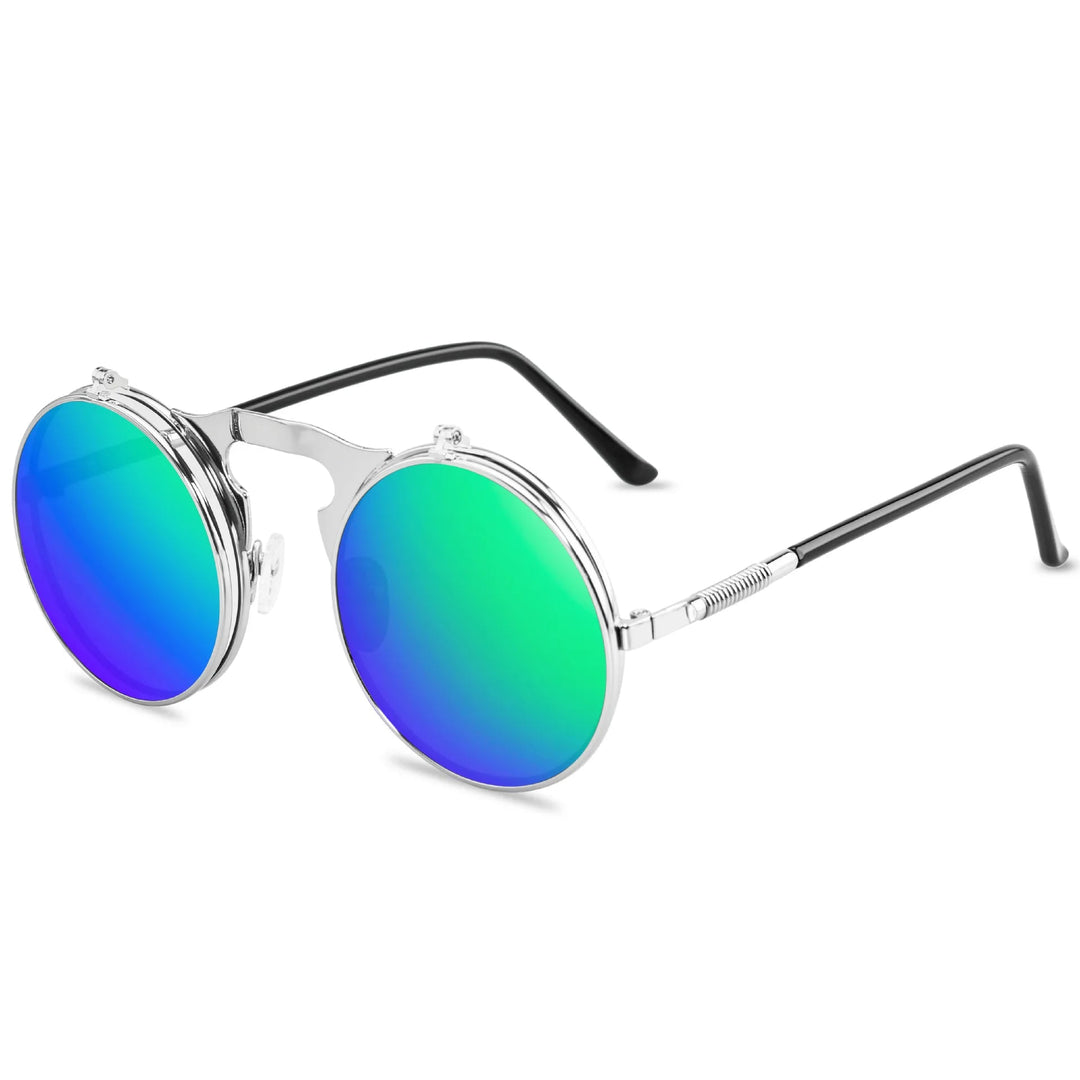 Heren ronde vintage zonnebril met opklapbare lenzen en metalen montuur, ideaal voor een retro look.