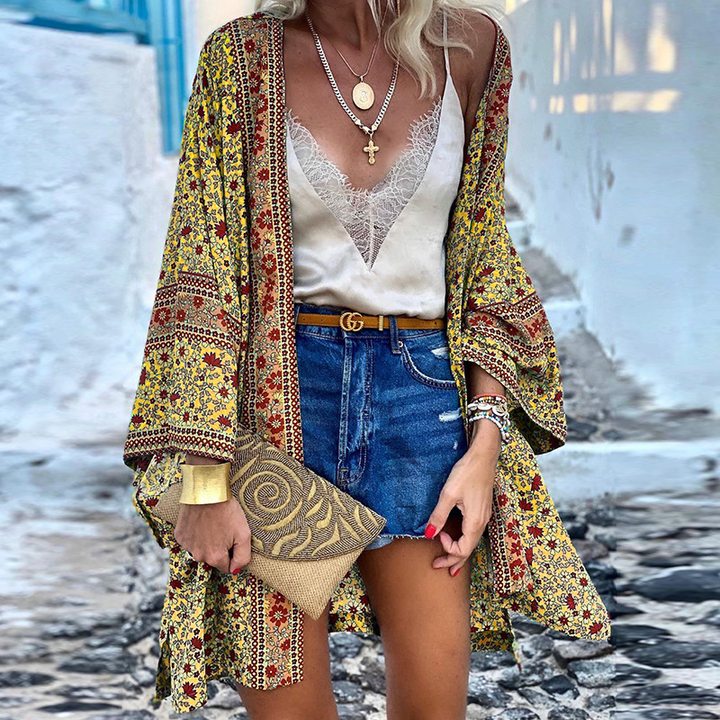 Luchtig dames midi vest, boho kimono cardigan met lange mouwen en vrolijke print, comfortabel voor de zomer.