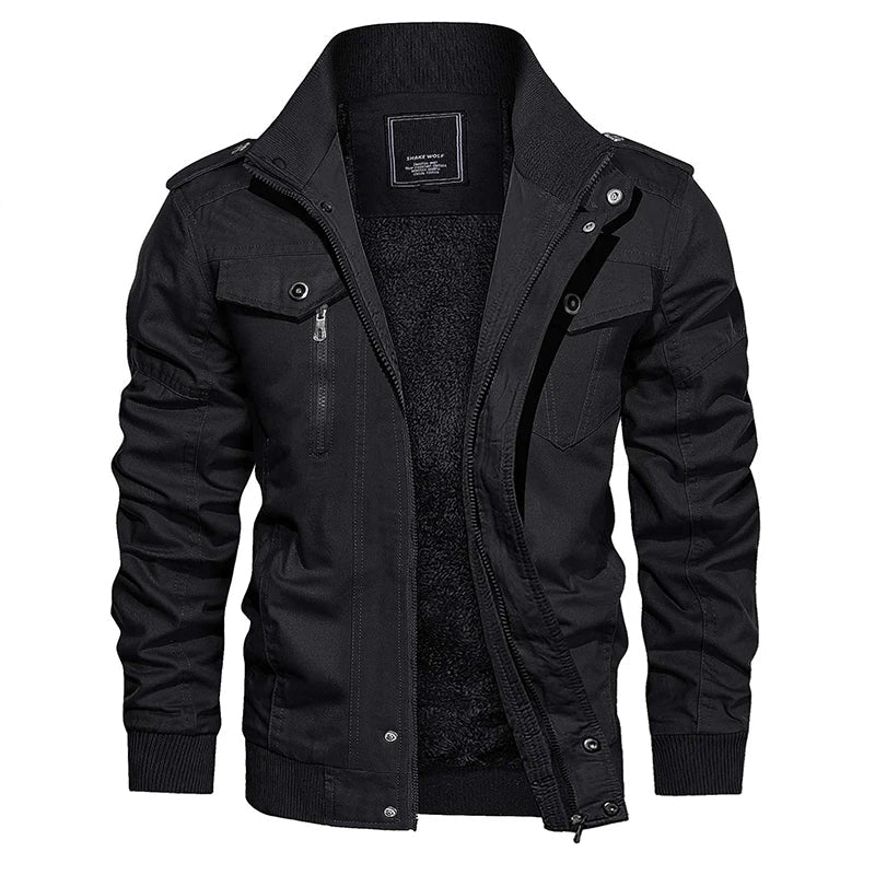 Zwarte militaire winterjas voor heren, warme en stoere herenkleding.