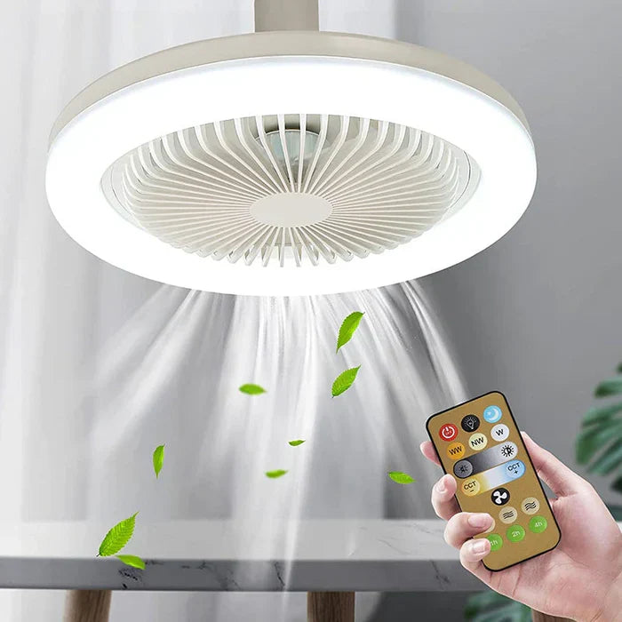 Compacte plafondventilator met geïntegreerd LED licht, modern design voor optimale koeling en verlichting in huis.