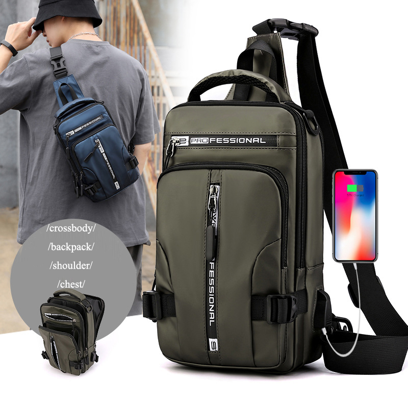 Functionele heren crossbody rugzak, waterdicht nylon voor veelzijdig gebruik als schoudertas of dagtas.