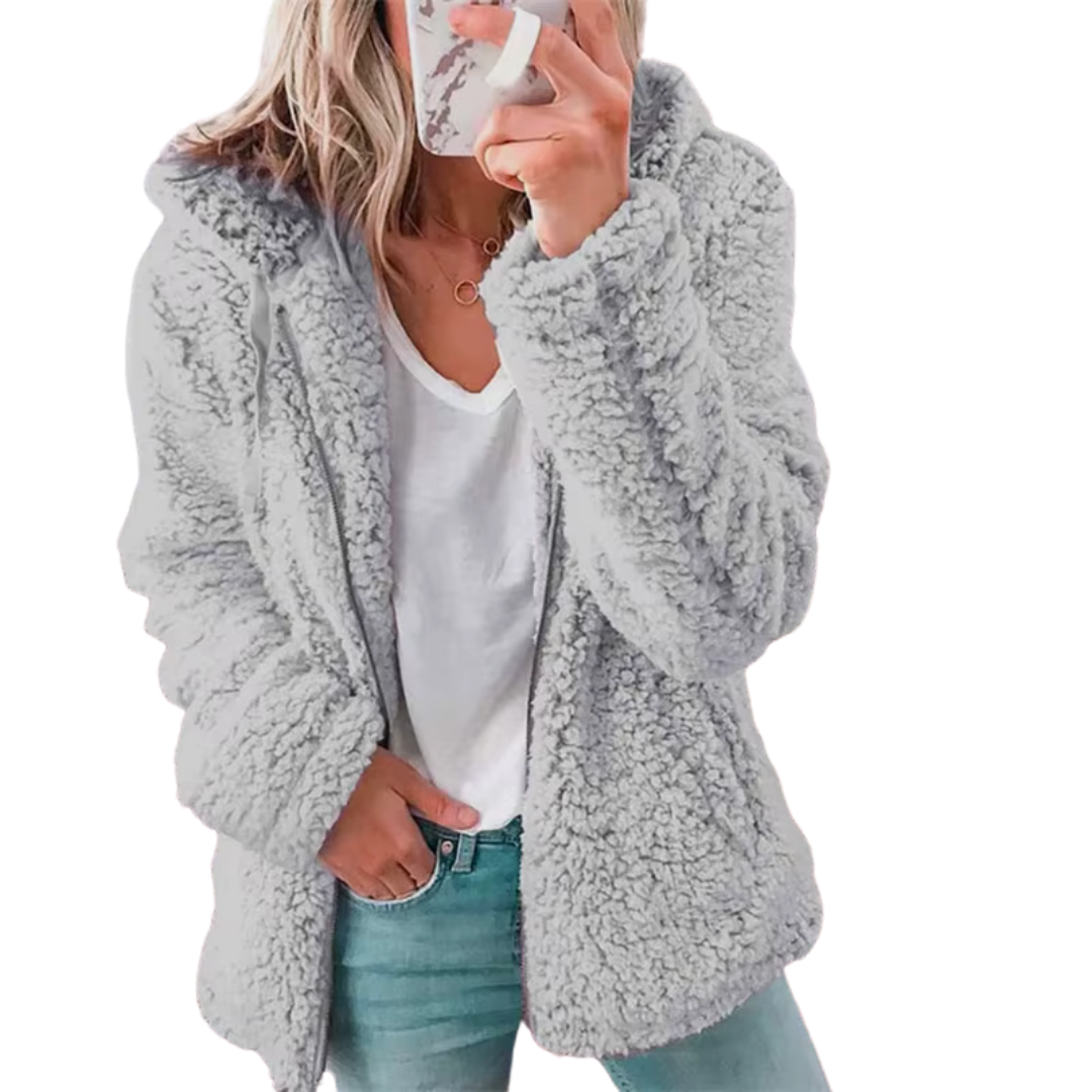 Dames pluche hoodie met handige ritssluiting en warme capuchon, perfect voor koud weer.