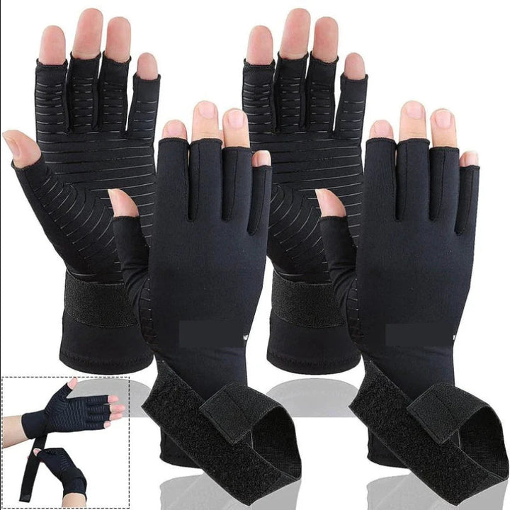 Unisex compressiehandschoenen voor reuma en handpijnverlichting, bieden comfortabele ondersteuning.