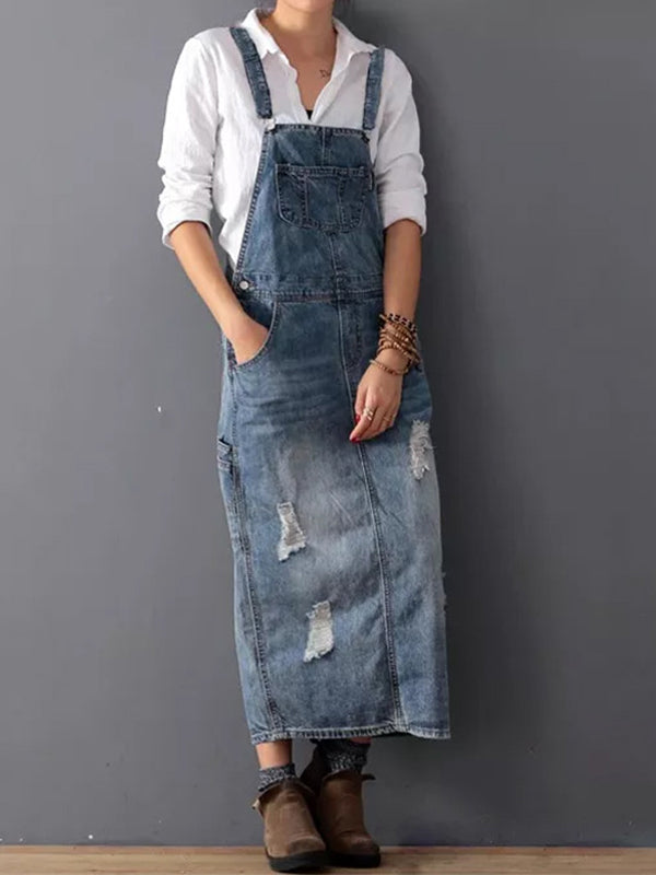 Dames denim dungaree jurk met rugsplit, casual stijl. Comfortabel en veelzijdig voor elke dag.