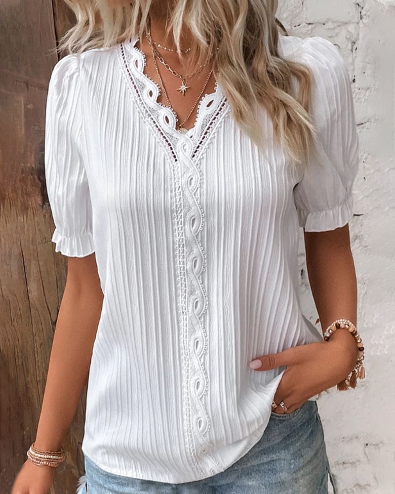 Casual chique dames kanten blouse met V-hals, veelzijdig voor dag en avond.
