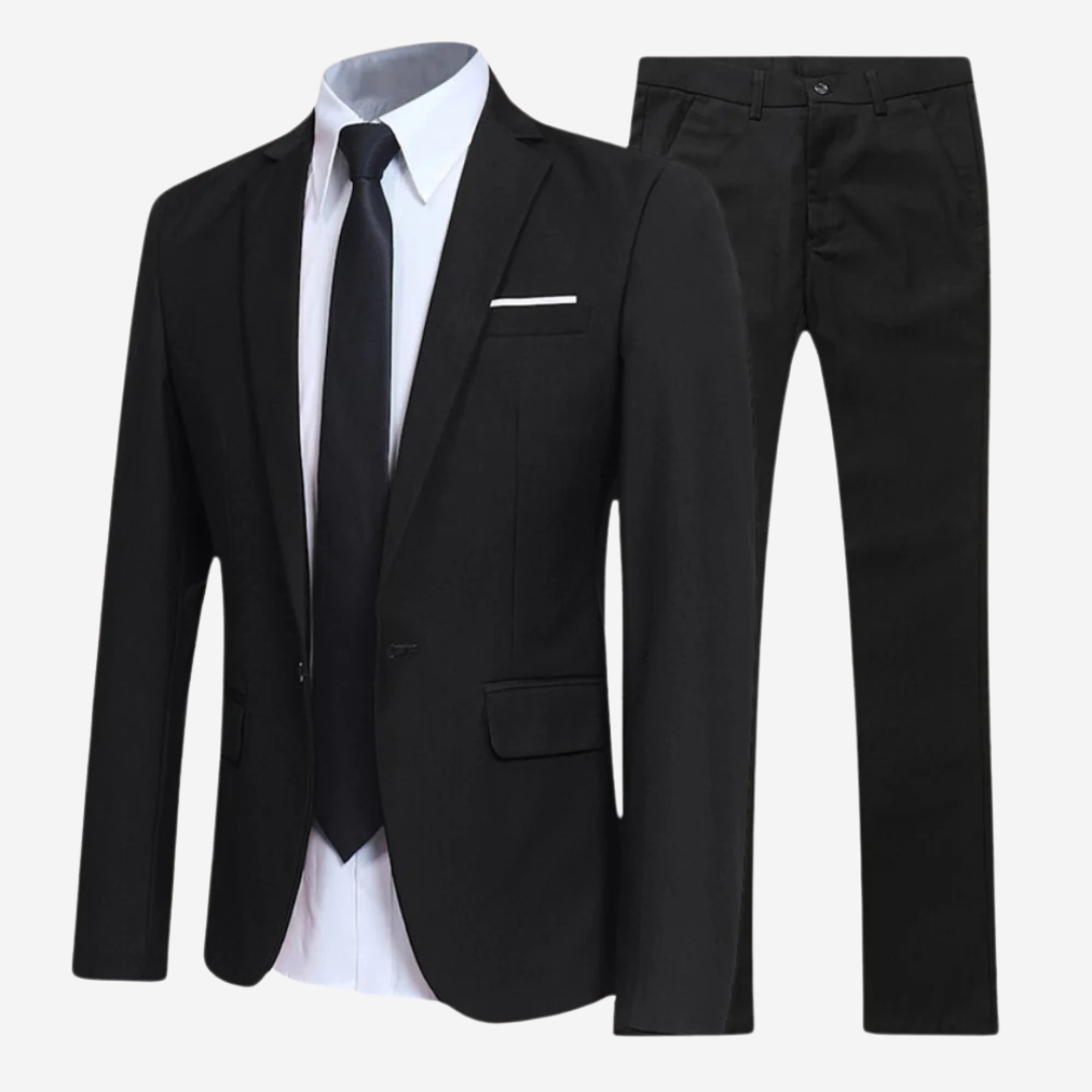 Elegant Hoymans heren slim fit pak; een stijlvol tweedelig kostuum met colbert en pantalon, ideaal voor zakelijk of formeel gebruik.