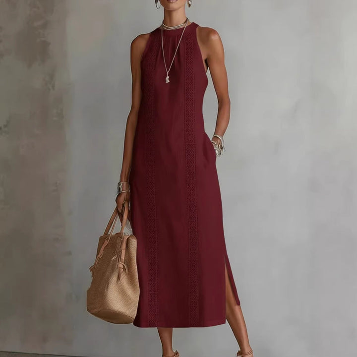 Chique dames halternek jurk (CJ26) met elegant kanten patchwork. Een trendy mouwloze zomerjurk voor damesmode.