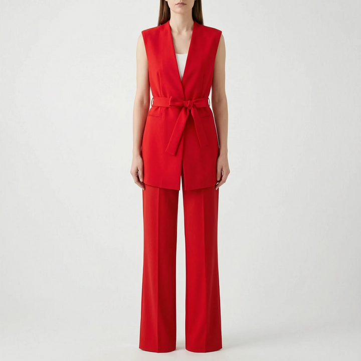 Stijlvol effen rood dames broekpak met getailleerde overslagtop en rechte pijpen, perfecte vrouwenmode.