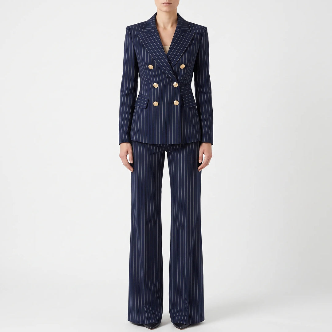 Tijdloos dames broekpak, 2-delig gestreept. Geschikt voor zakelijke kleding, herfstmode en elegante sets.