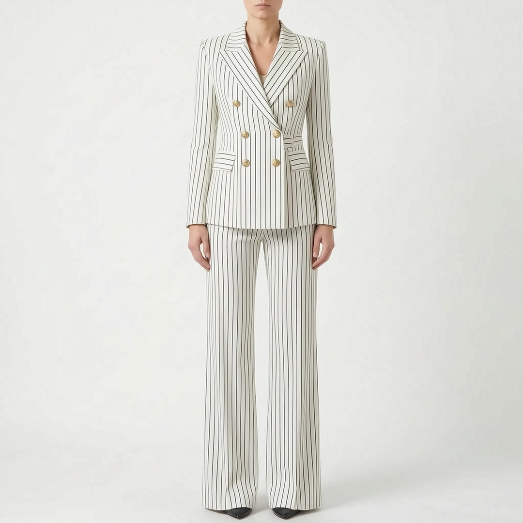 Chique 2-delig dames broekpak met streepdessin. Elegante set met blazer en pantalon, tijdloos en modieus.