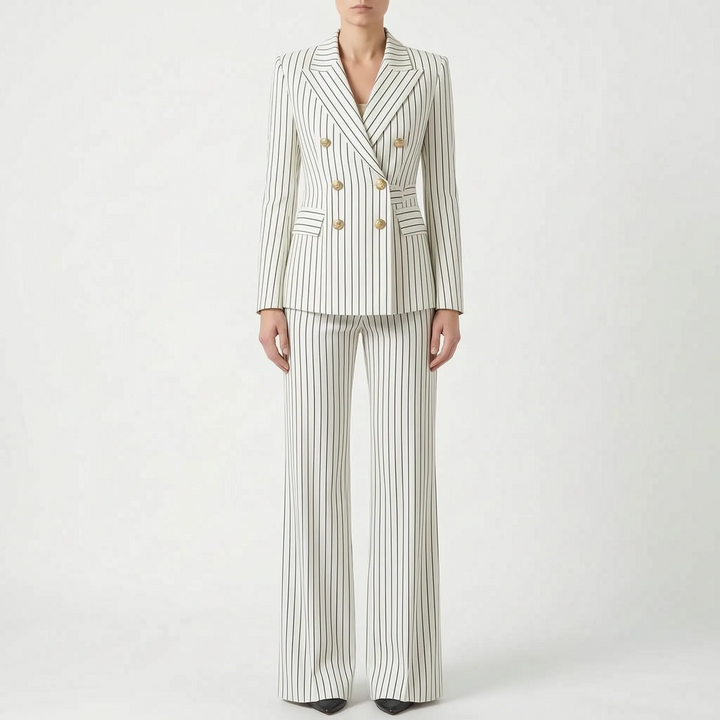 Chique 2-delig dames broekpak met streepdessin. Elegante set met blazer en pantalon, tijdloos en modieus.