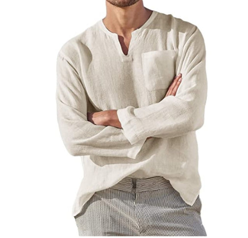 Stijlvol heren overhemd met V-hals en lange mouwen. Casual effen top voor lente en zomer. Comfortabele kleding.