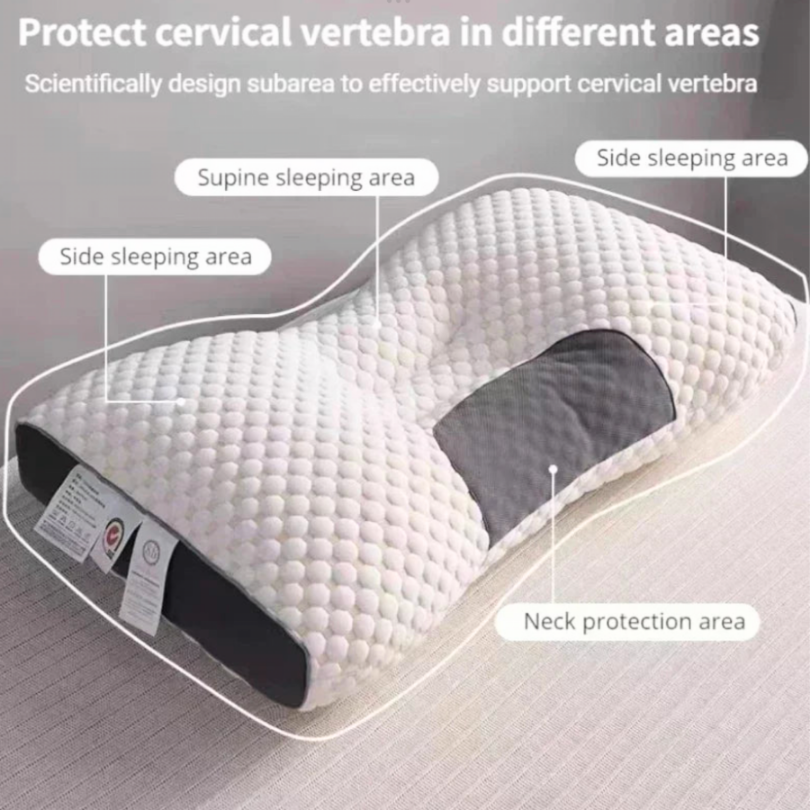 Gedetailleerd orthopedisch traagschuim hoofdkussen, ontworpen voor optimale ondersteuning van nek en rug bij het slapen.
