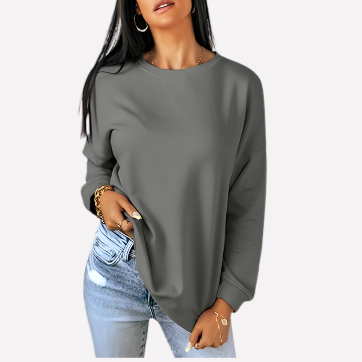 Trendy dames trui met ronde hals, een modieuze keuze voor casual chic.