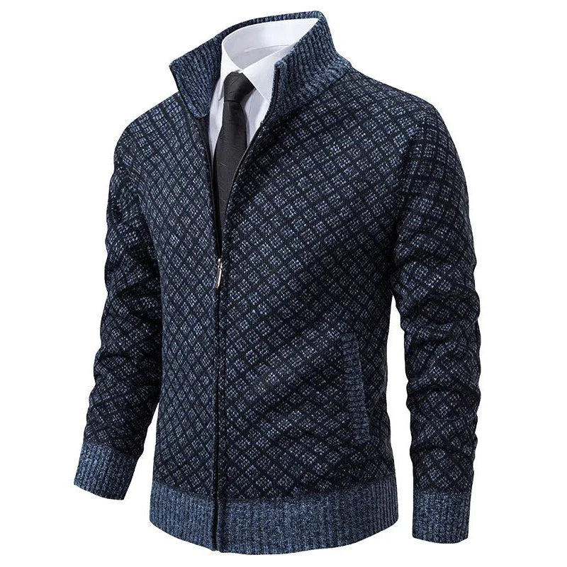 Modern heren ritsvest met opvallend geometrisch patroon, perfect voor een stijlvolle lente look.
