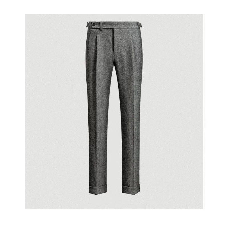 Gevouwen heren tweed vrijetijdsbroek; toont de kwaliteit van de stof. Essentiële comfortabele casualbroek voor heren.